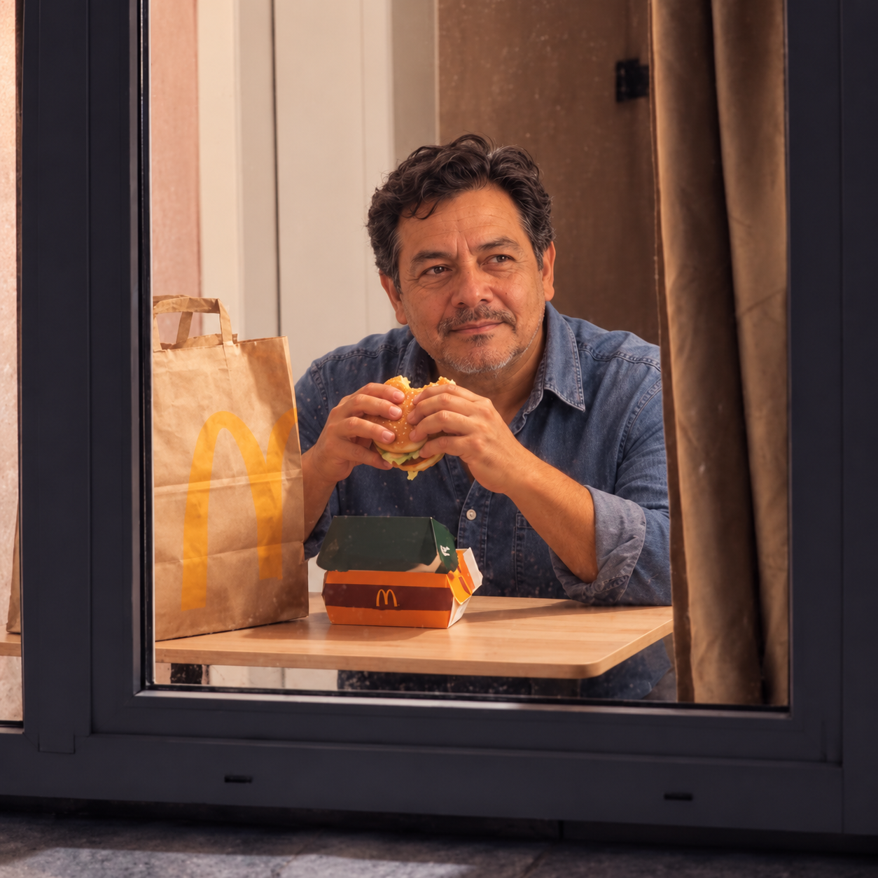 A man holding a burger behind a lit apartment window